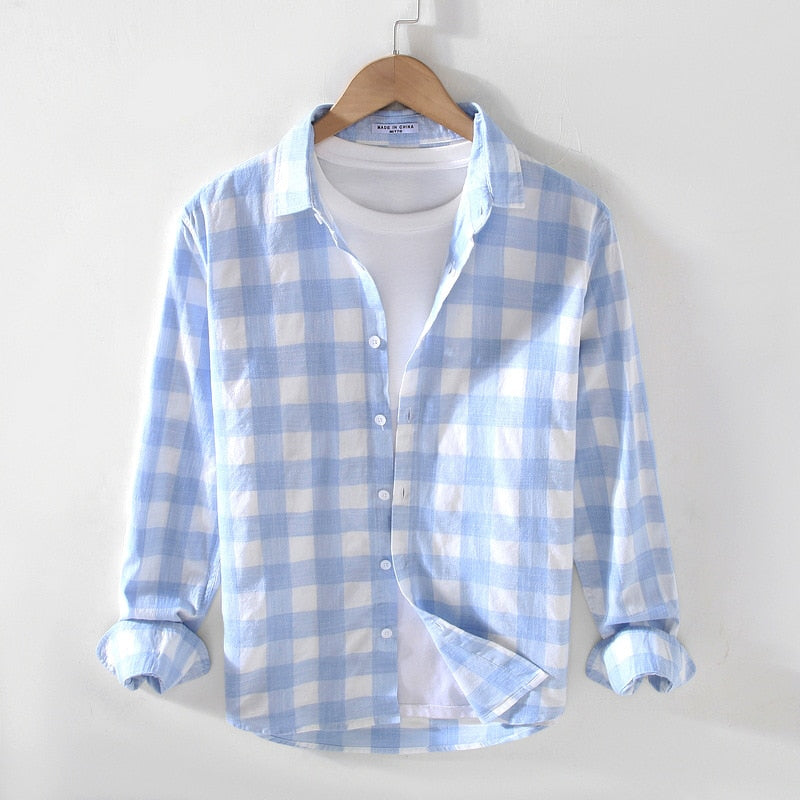 Maurice Summer Shirt in blue and white check pattern, cotton-linen blend, casual smart style.