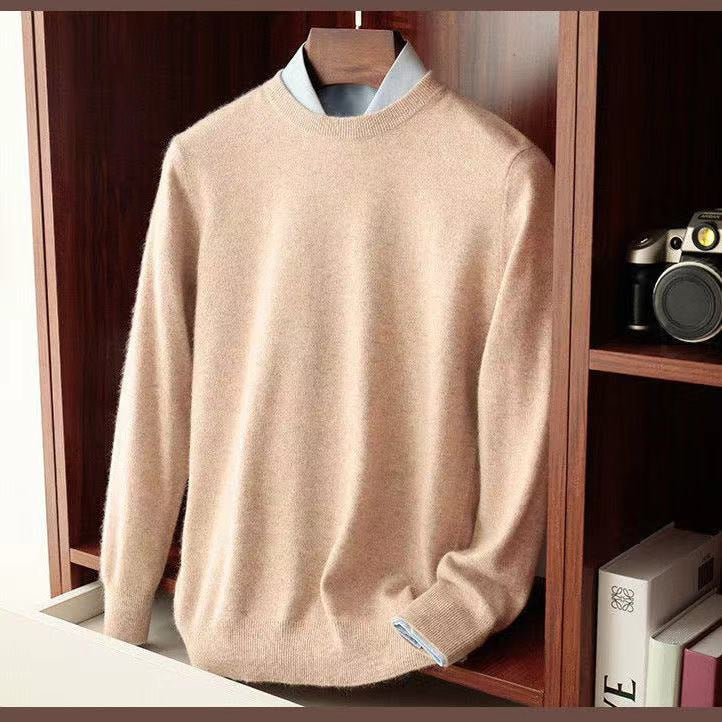 Men's camel knitted sweater with round collar, casual style.