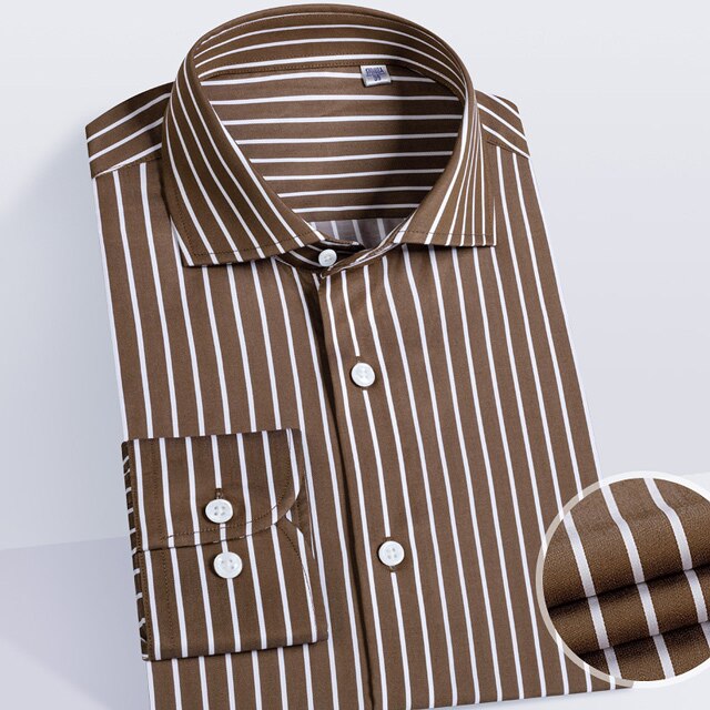 AntoniosClothing striped office long-sleeve shirt in brown with white stripes, made from 100% organic cotton.