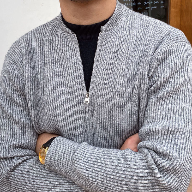 Men's grey ribbed Antonios Sweater Zipper Autumn, ideal for cool weather.