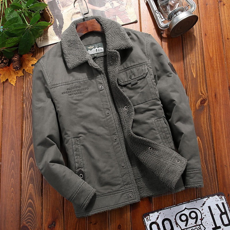 Men's green Antonios Cotton Fleece Winter Jacket on wooden hanger.