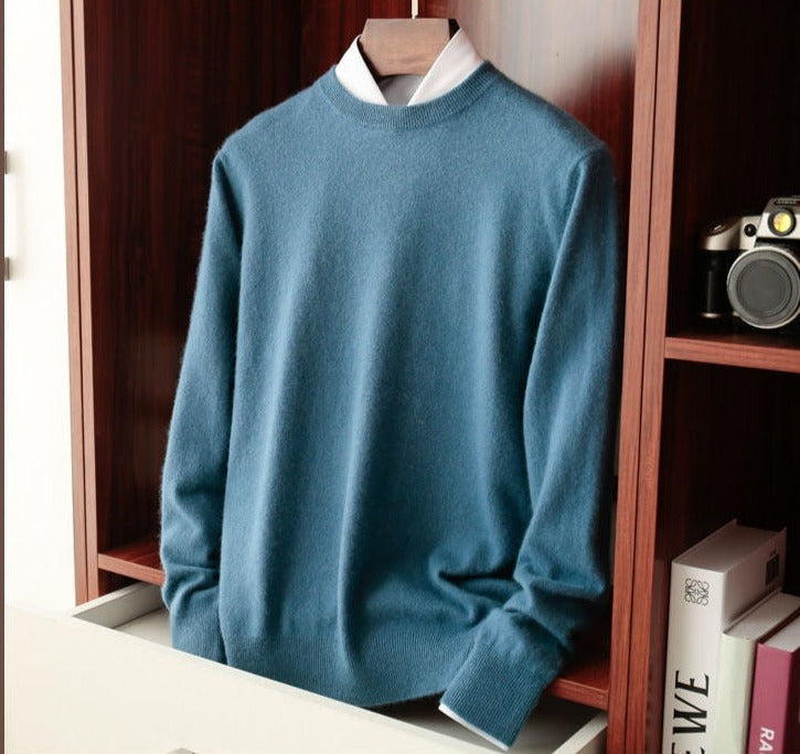 Antonios Autumn Knitted Sweater Men in blue with round collar and regular sleeves.
