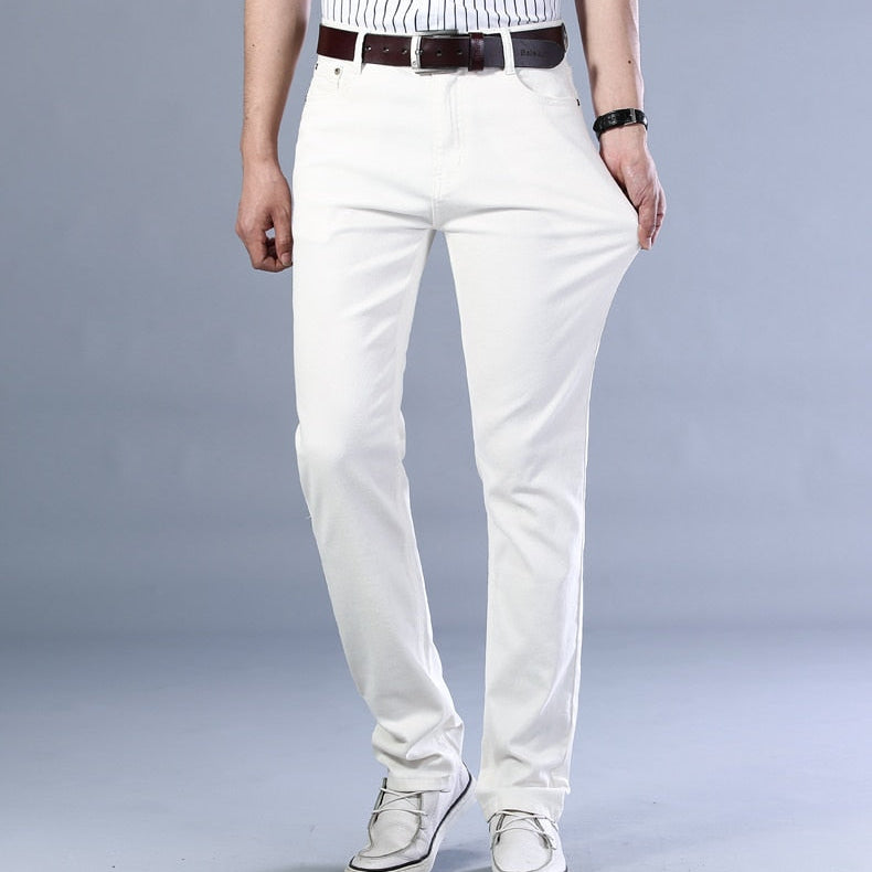 Antonios Business Casual White Jeans for men, relaxed fit, elastic cotton denim, stylish and versatile.