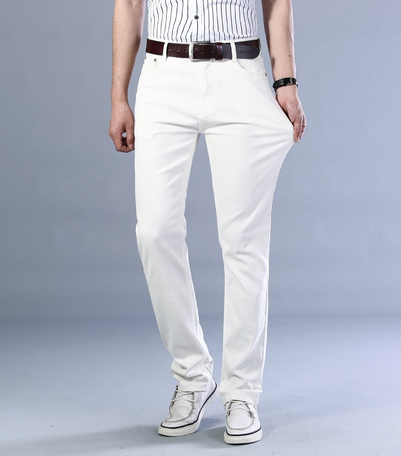 Antonios Business Casual White Jeans for men, relaxed fit, elastic cotton denim, stylish and versatile.