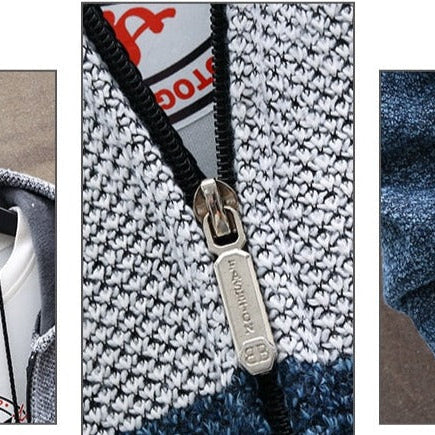 Details of the Antonios Autumn Hooded Patchwork Jacket, showcasing cotton and wool fabric with zipper and sleeve close-ups.