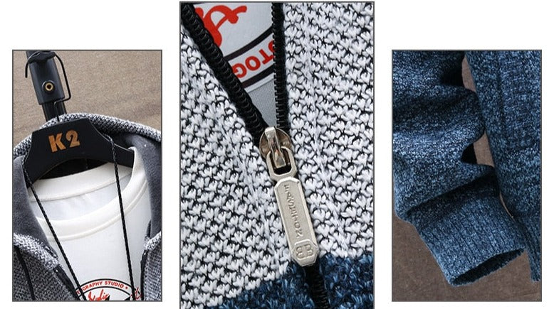 Details of the Antonios Autumn Hooded Patchwork Jacket, showcasing cotton and wool fabric with zipper and sleeve close-ups.