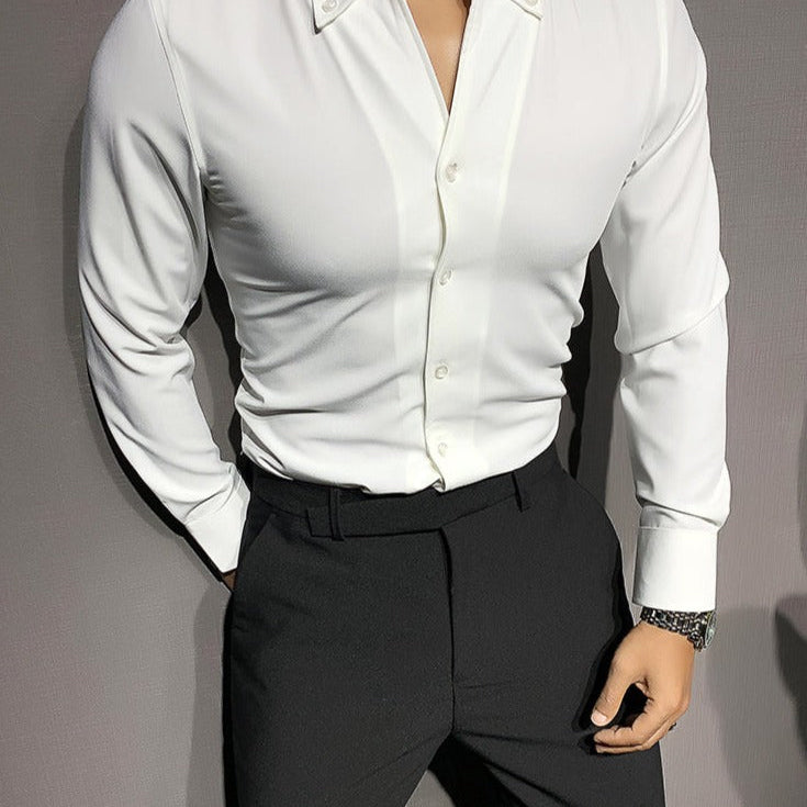Men's white long-sleeve shirt, smart casual style, by AntoniosClothing.