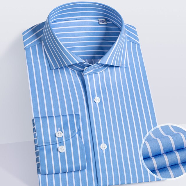 AntoniosClothing Striped Office Long-Sleeve Shirt in blue with white stripes, 100% organic cotton.