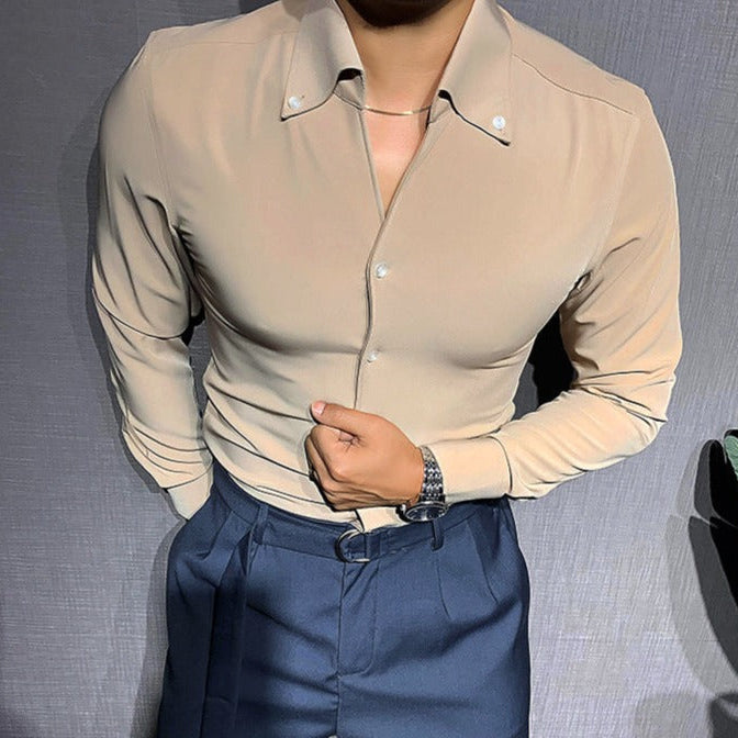 Elegant long-sleeve shirt by AntoniosClothing, beige color, smart casual style.