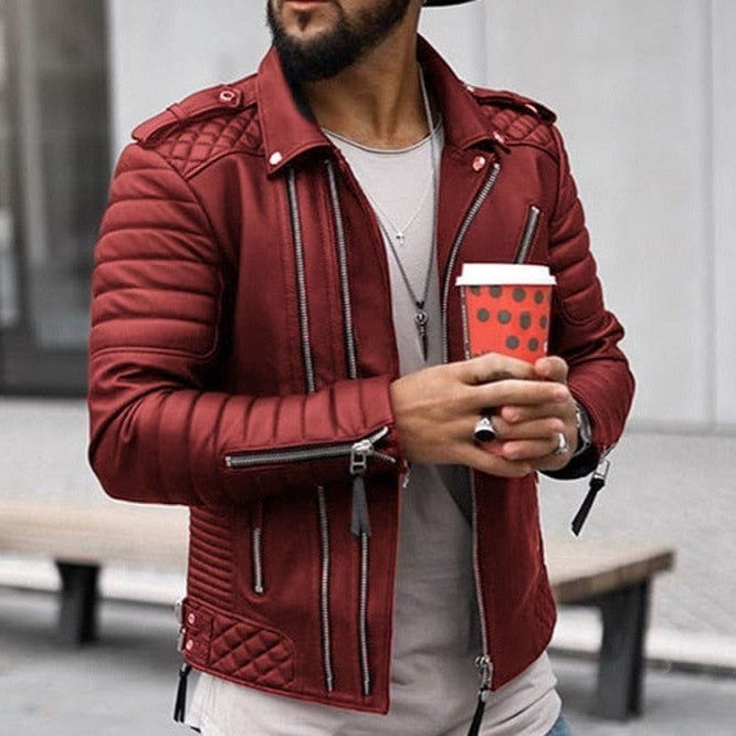 AntoniosClothing red leather jacket for men featuring solid pattern and stylish design.