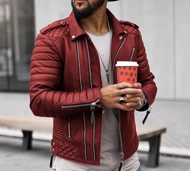 AntoniosClothing red leather jacket for men featuring solid pattern and stylish design.