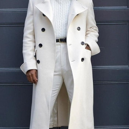 Antonios Autumn Solid Coat Men in cream, stylish double-breasted design, perfect for casual or elegant looks.