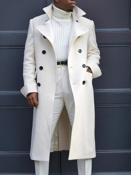 Antonios Autumn Solid Coat Men in cream, stylish double-breasted design, perfect for casual or elegant looks.
