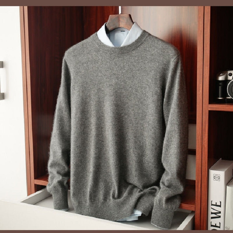 Antonios Autumn Knitted Sweater Men in dark gray with round collar, 100% cotton and wool blend, casual style.