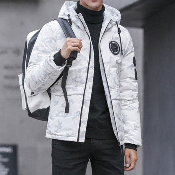 Antonios Camouflage Pattern Winter Jacket in white, showcasing a stylish and warm design for men.