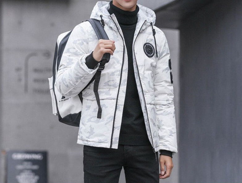 Antonios Camouflage Pattern Winter Jacket in white, showcasing a stylish and warm design for men.