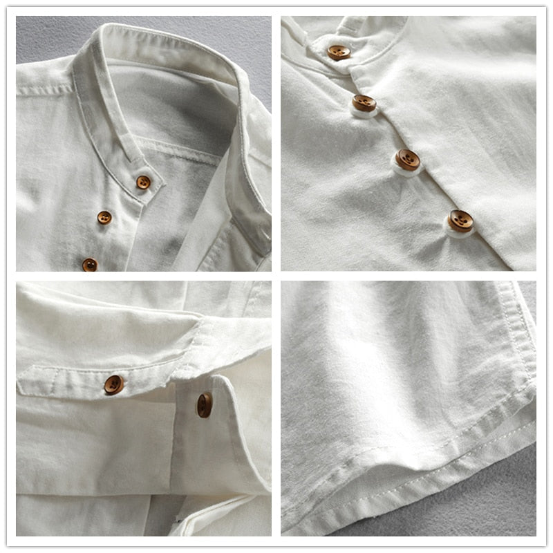 Close-up of Antonios Linen Soft Shirt highlighting button details and fabric texture.