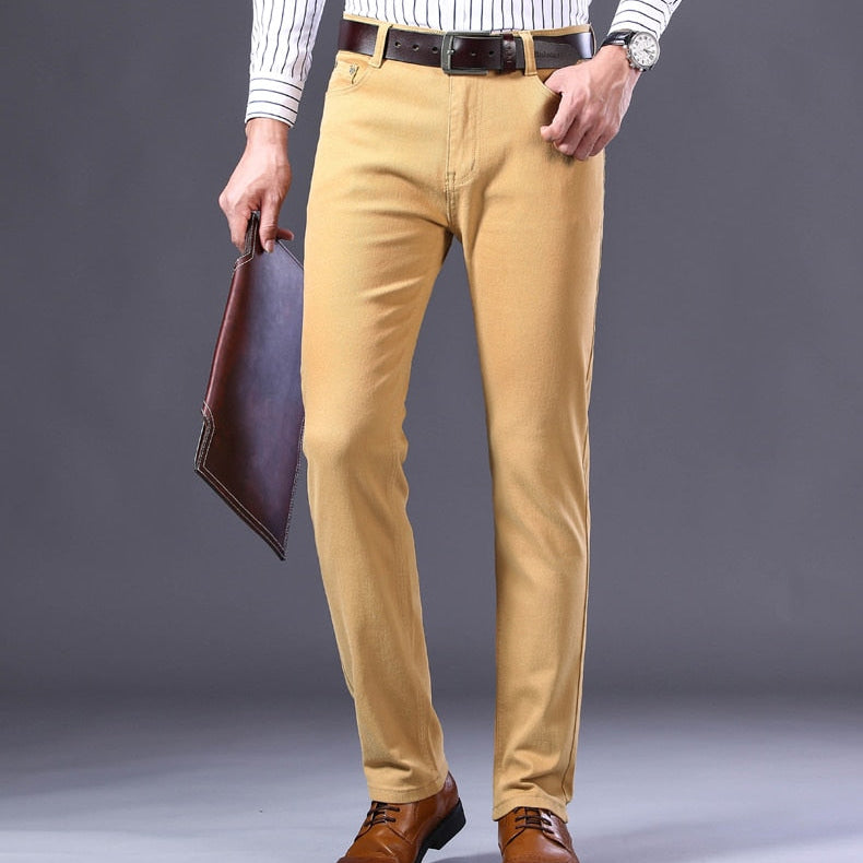 Antonios Business Casual Beige Jeans for men, elastic cotton denim, relaxed fit.