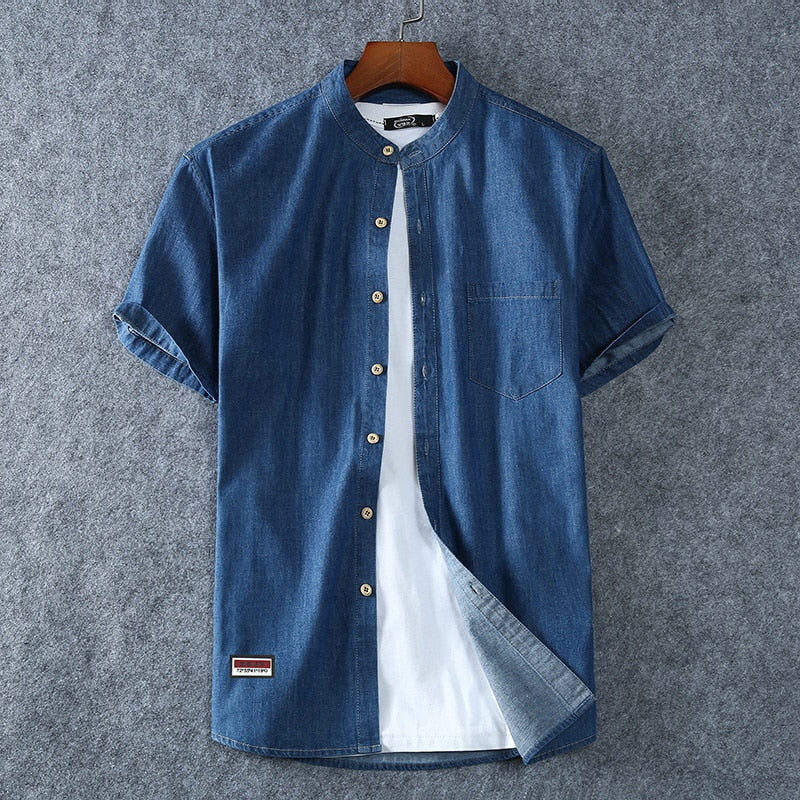 Blue men's cotton shirt with gradient design, short sleeves, and casual smart style from Antonios Impulse.