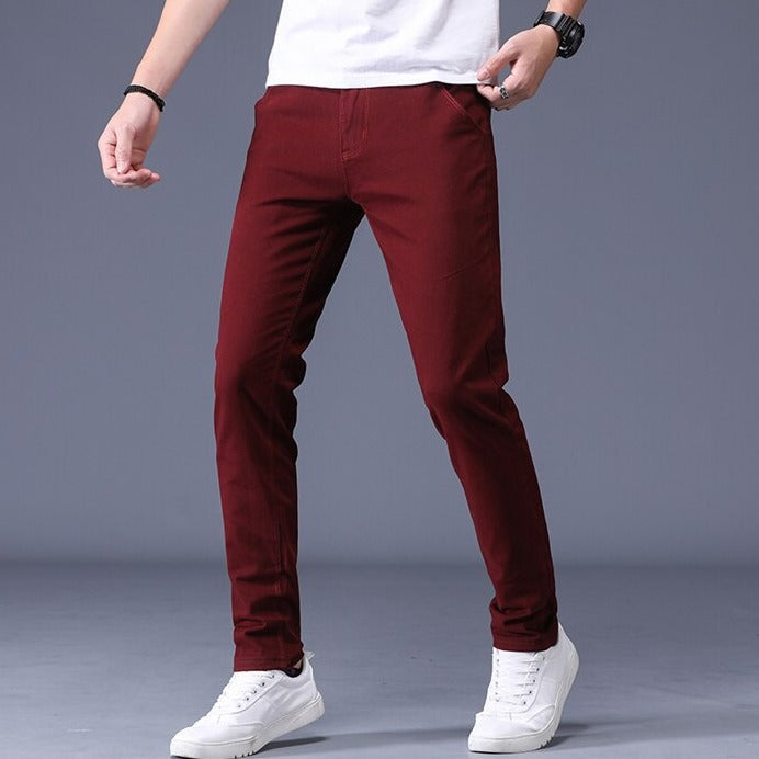 Antonios Slim Fit Cotton Stretch Trousers for Men in burgundy, offering modern vintage style and comfortable fit.