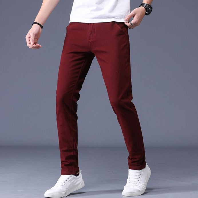 Antonios Slim Fit Cotton Stretch Trousers for Men in burgundy, offering modern vintage style and comfortable fit.