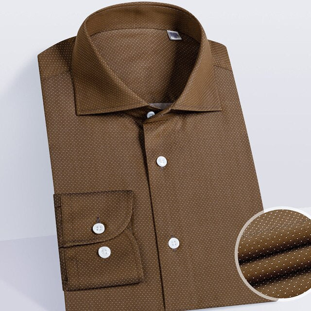 AntoniosClothing men's striped long-sleeve brown shirt made of 100% organic cotton.
