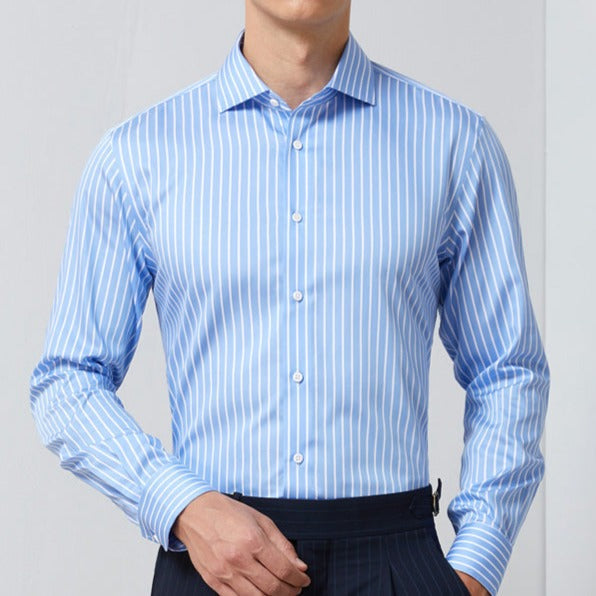 AntoniosClothing men's blue striped long-sleeve office shirt in organic cotton.