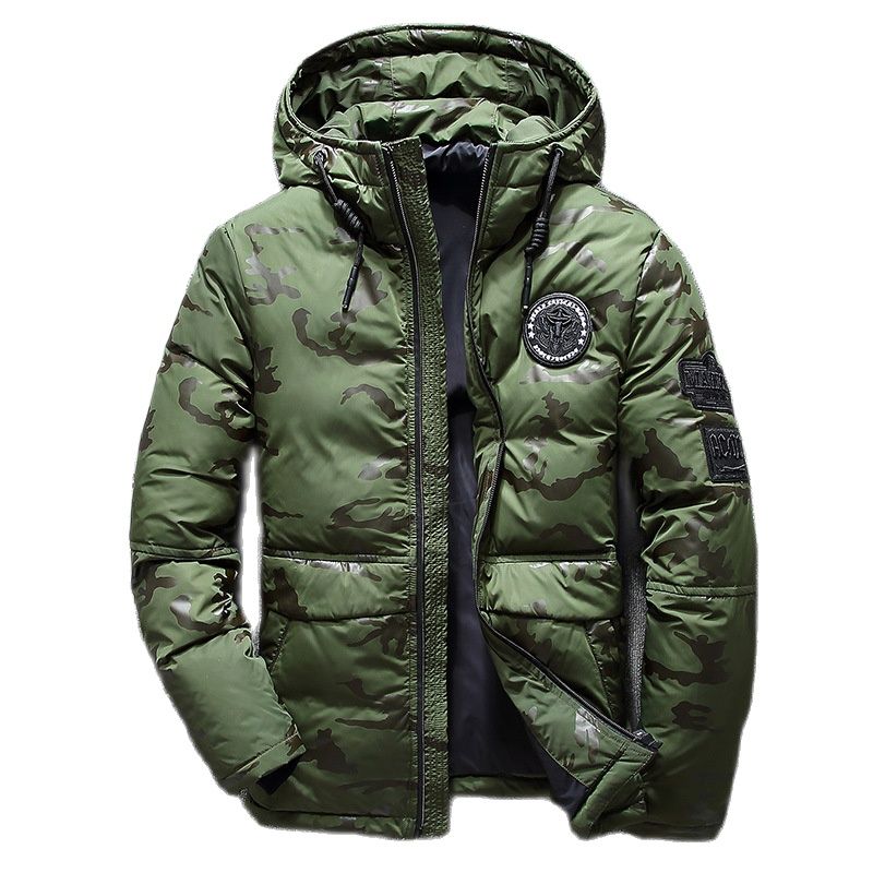 Antonios Camouflage Pattern Winter Jacket in green with hood and patches.