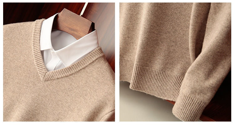 Men's beige knitted sweater displayed on hanger with shirt, close-up on fabric details, Antonios Autumn Knitted.