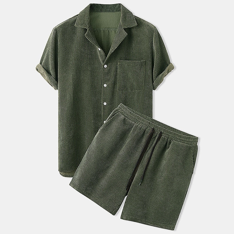 Antonios Solid Summer Set in green, vintage style T-shirt and shorts, breathable fleece fabric.