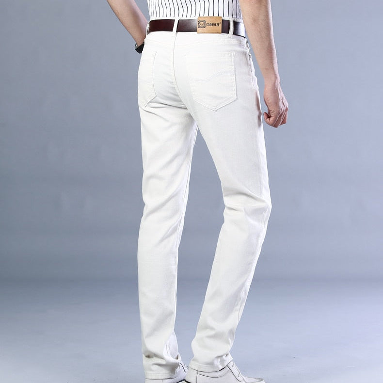 Antonios Business Casual White Jeans for men, relaxed fit, elastic cotton denim, spring/autumn style.