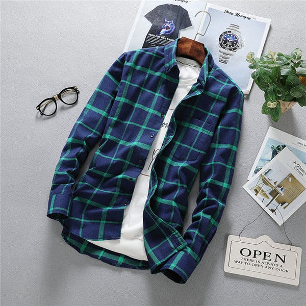 Antonios Long Sleeve Oxford Shirt Men in blue plaid pattern, classic collar, casual and elegant style, displayed with accessories.