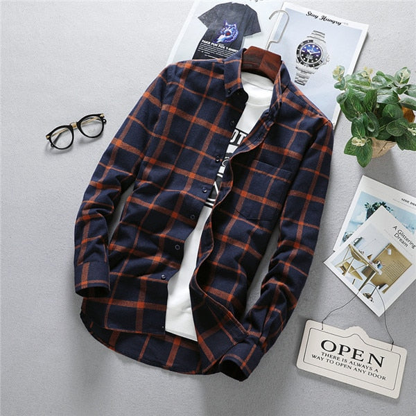 Antonios Long Sleeve Oxford Shirt Men in plaid pattern, made from organic cotton, displayed with books and glasses.
