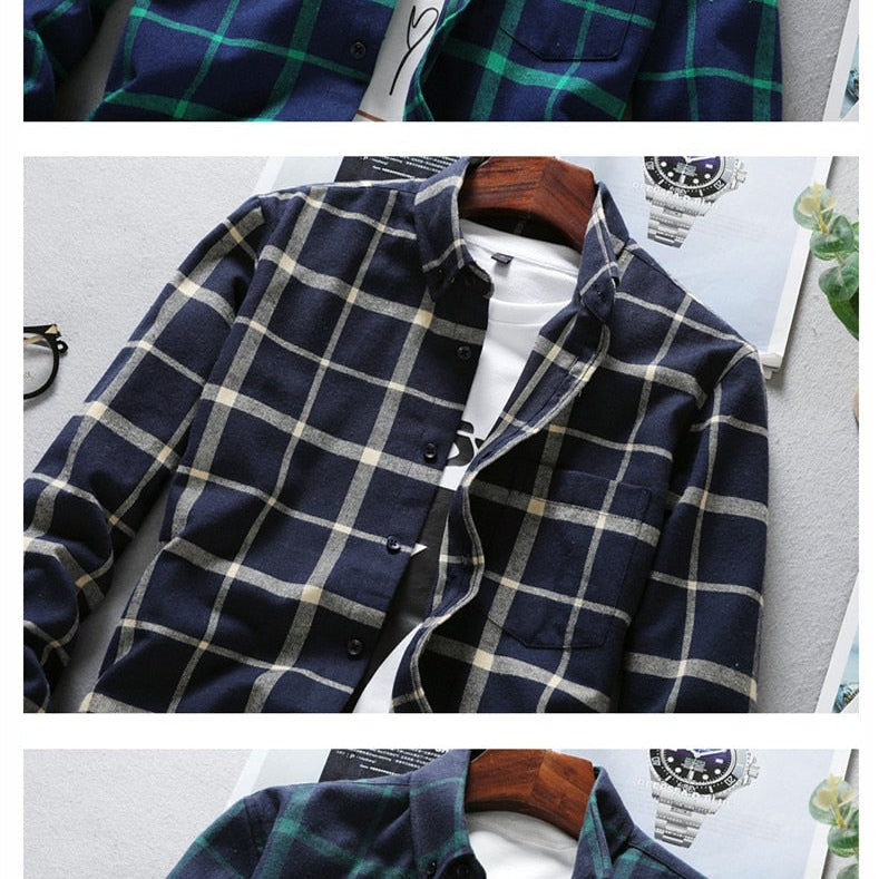 Men's plaid long sleeve oxford shirt in multiple colors.