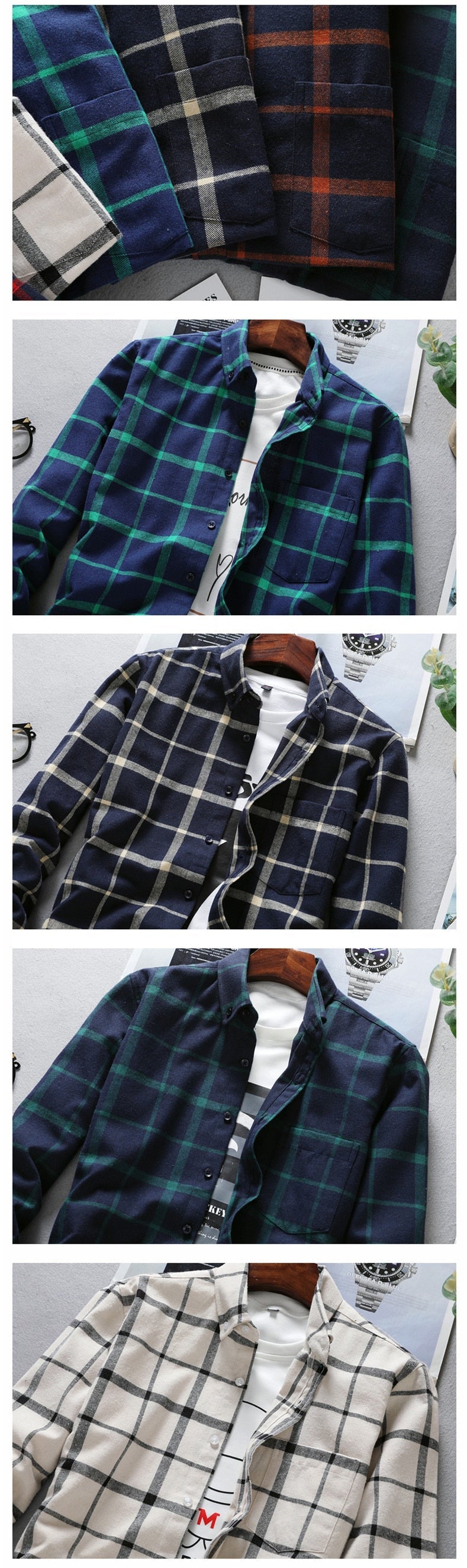 Men's plaid long sleeve oxford shirt in multiple colors.