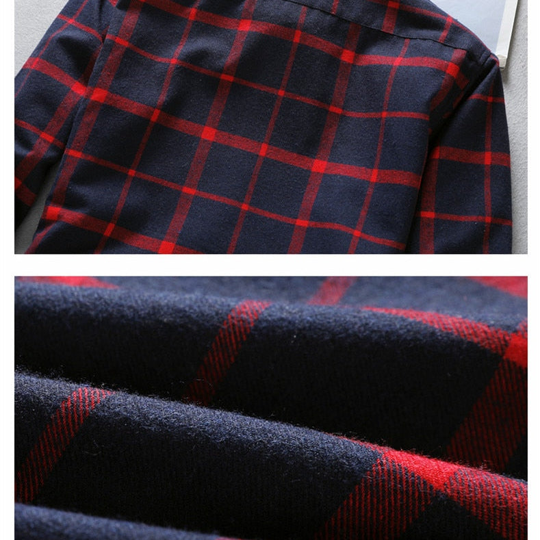 Antonios Long Sleeve Oxford Shirt in navy and red plaid pattern.
