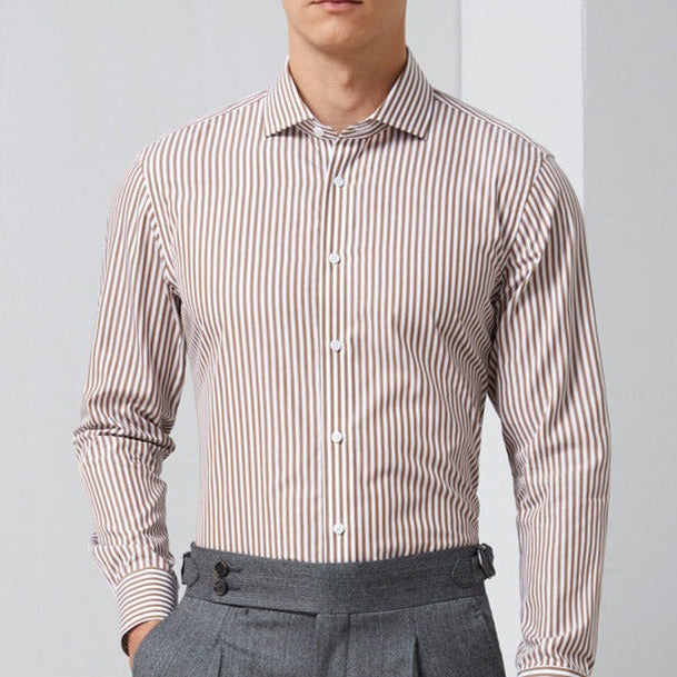 AntoniosClothing men's striped long-sleeve office shirt in organic cotton.
