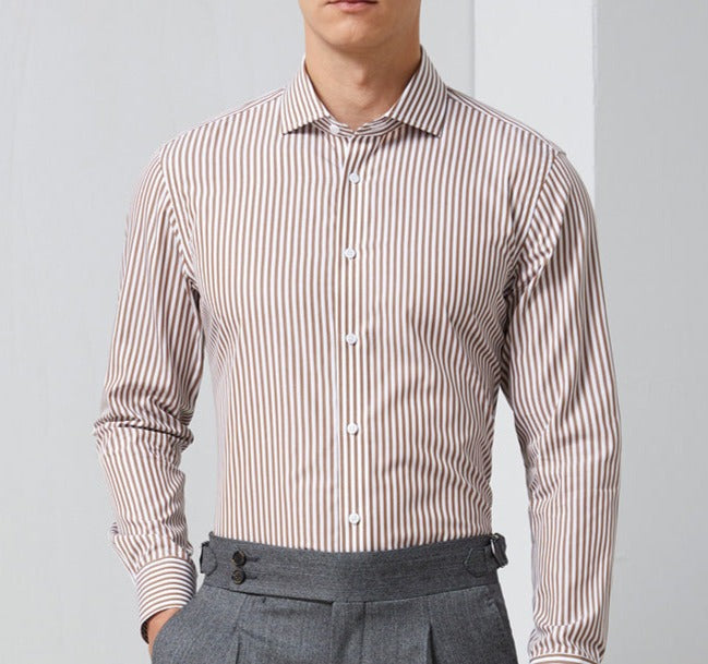 AntoniosClothing men's striped long-sleeve office shirt in organic cotton.
