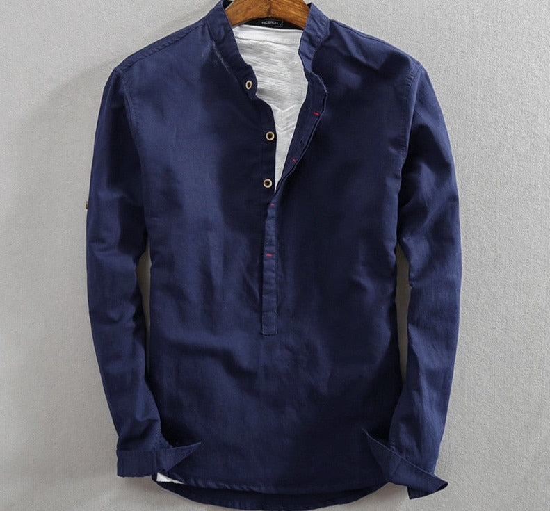 AntoniosClothing men's casual long-sleeve shirt in navy blue with classic collar, crafted from cotton and polyester.