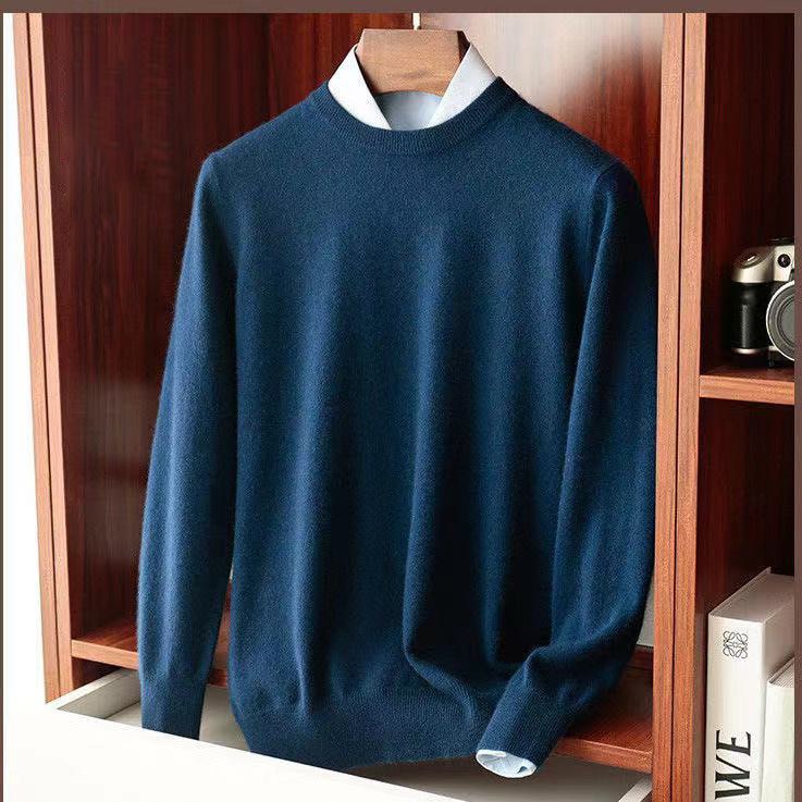 Antonios Autumn Knitted Sweater Men in navy, wool-cotton blend, round collar, solid pattern.