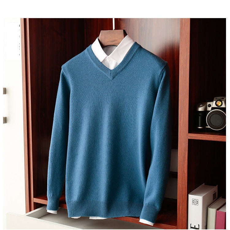 Antonios Wool Winter V-Neck Sweater for Men in blue, made of wool and cotton blend, casual style.