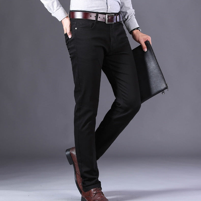 Antonios Business Casual Black Jeans for men, relaxed fit, elastic cotton denim, versatile black color, smart casual style.