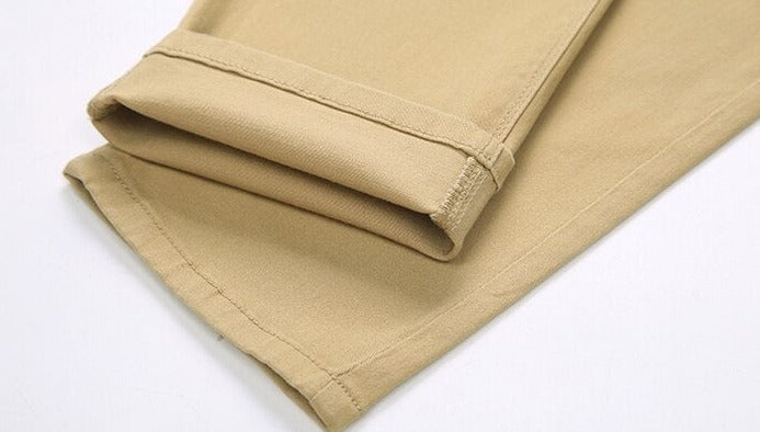 Antonios Slim Fit Cotton Stretch Trousers in tan color showing hem detail.