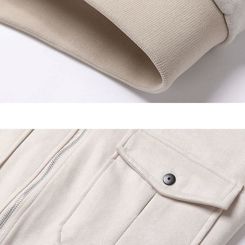 Antonios Suede Winter Fur Jacket in beige with detailed stitching and buttoned pocket, made from ecological suede leather with fur and fleece lining.