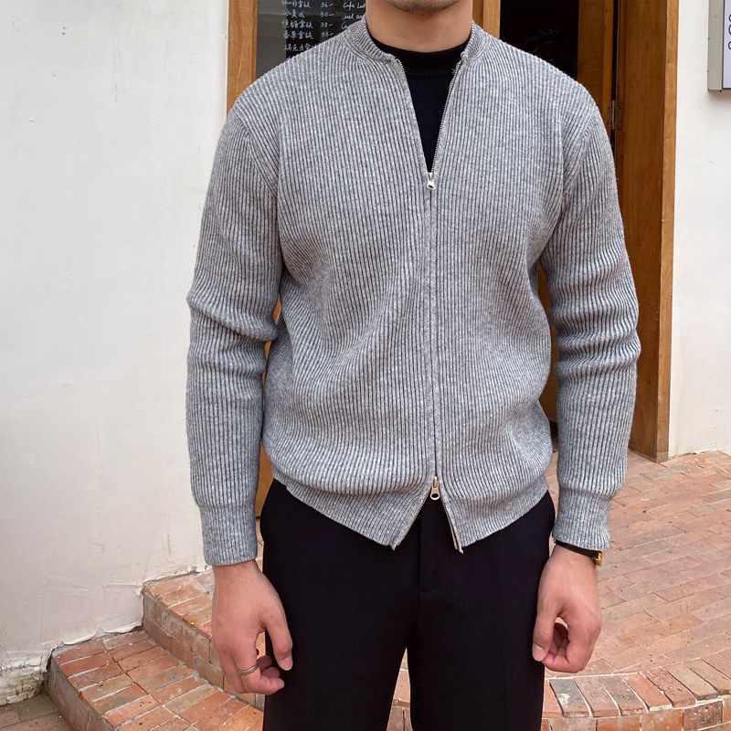 Men's grey ribbed sweater with zipper, smart casual style, Antonios Sweater Zipper Autumn.