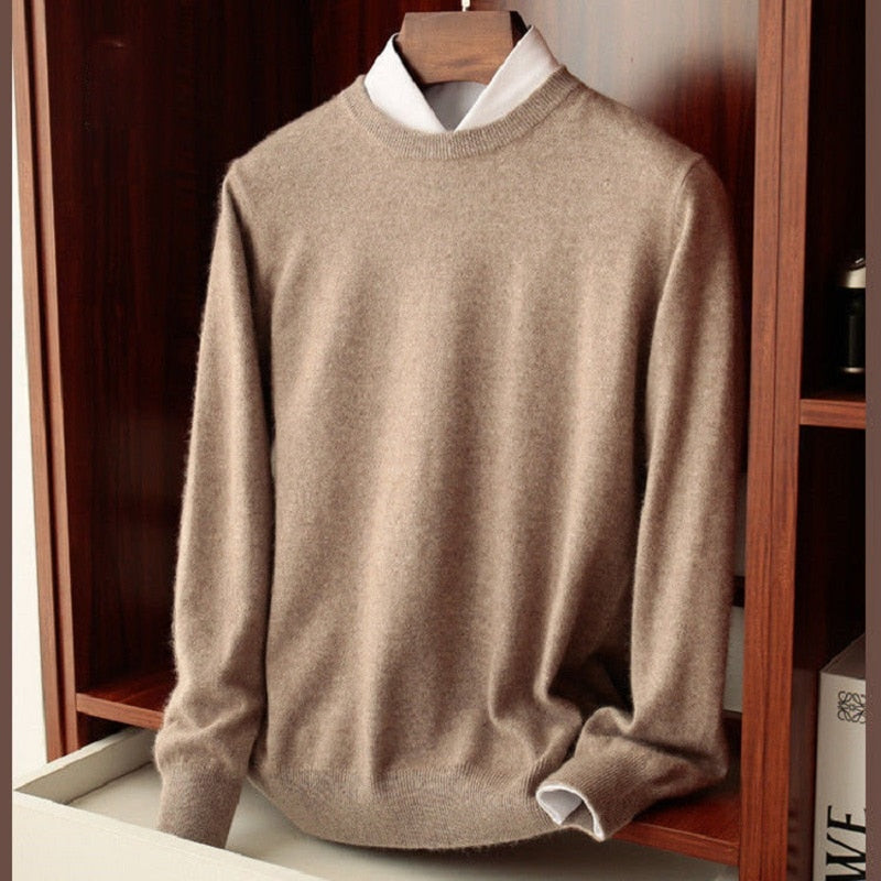 Antonios Autumn Knitted Sweater Men in camel color with round collar, displayed on a hanger.