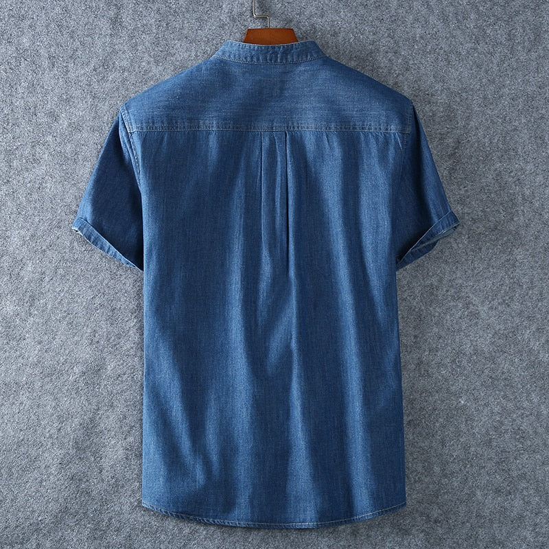 Blue Cotton Shirt Back View, Short Sleeves, Smart Casual Style, Antonios Impulse
