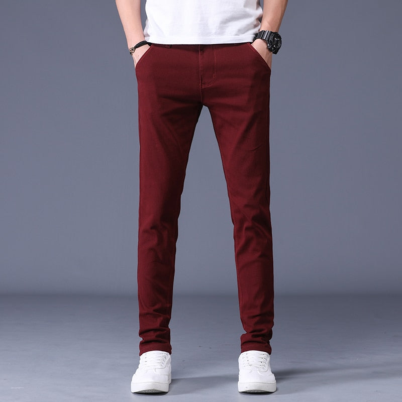Red Antonios Slim Fit Cotton Stretch Trousers for Men, stylish and comfortable.