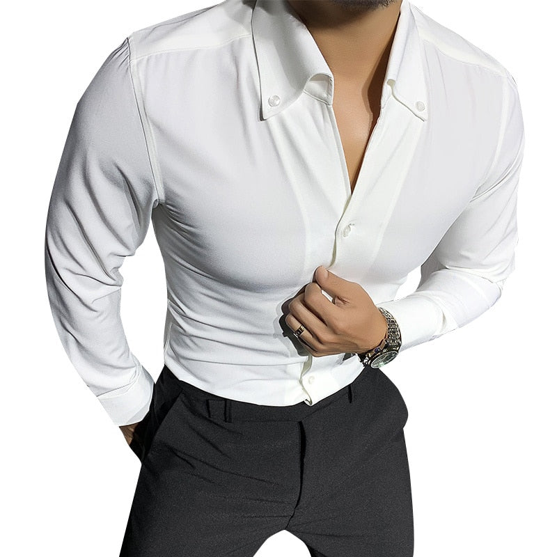 AntoniosClothing Solid Elegant Long-Sleeve Shirt for men in white, smart casual style.