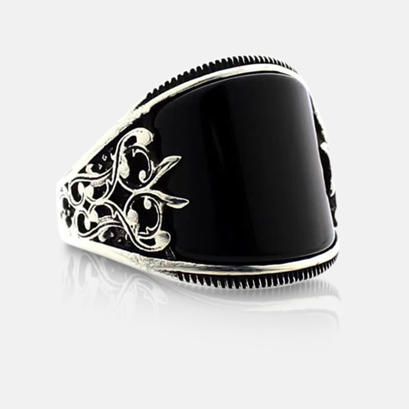 Antonios Stainless Steel Black Ring for Men with Black Diamond Centerpiece and Engraved Band.
